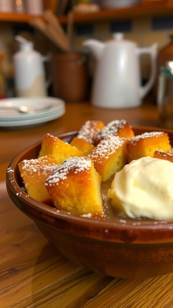 Classic Bread Pudding Recipe A bowl of golden brown bread pudding with powdered sugar and a scoop of ice cream.